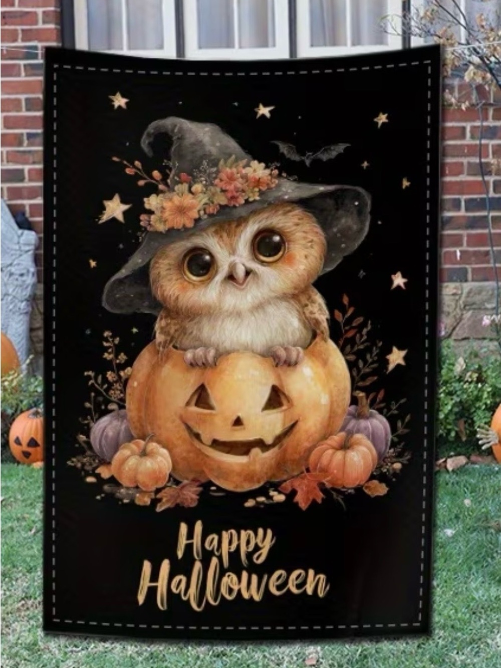 Cute Owl in Witch Hat Halloween  Garden Flag - Black & Orange